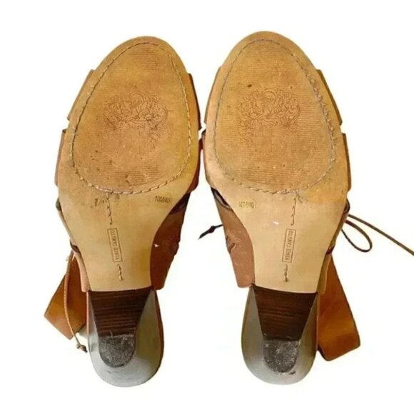 Vince Camuto Estie Leather Ankle Booties Peep Toe Heeled Lace Up Tan Brown 10 - Picture 12 of 14